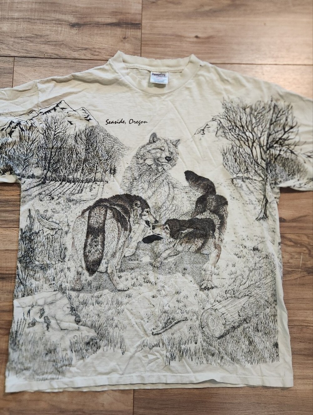 Vintage Oneita Mens XL Seaside Oregon Wolf Graphic Short Sleeve Shirt